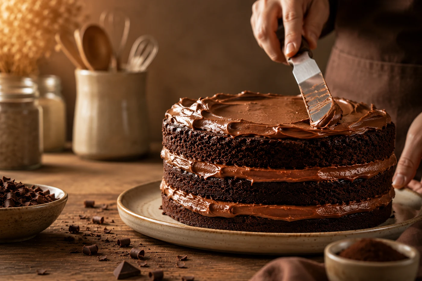 Confeiteiro aplicando cobertura de chocolate em um bolo